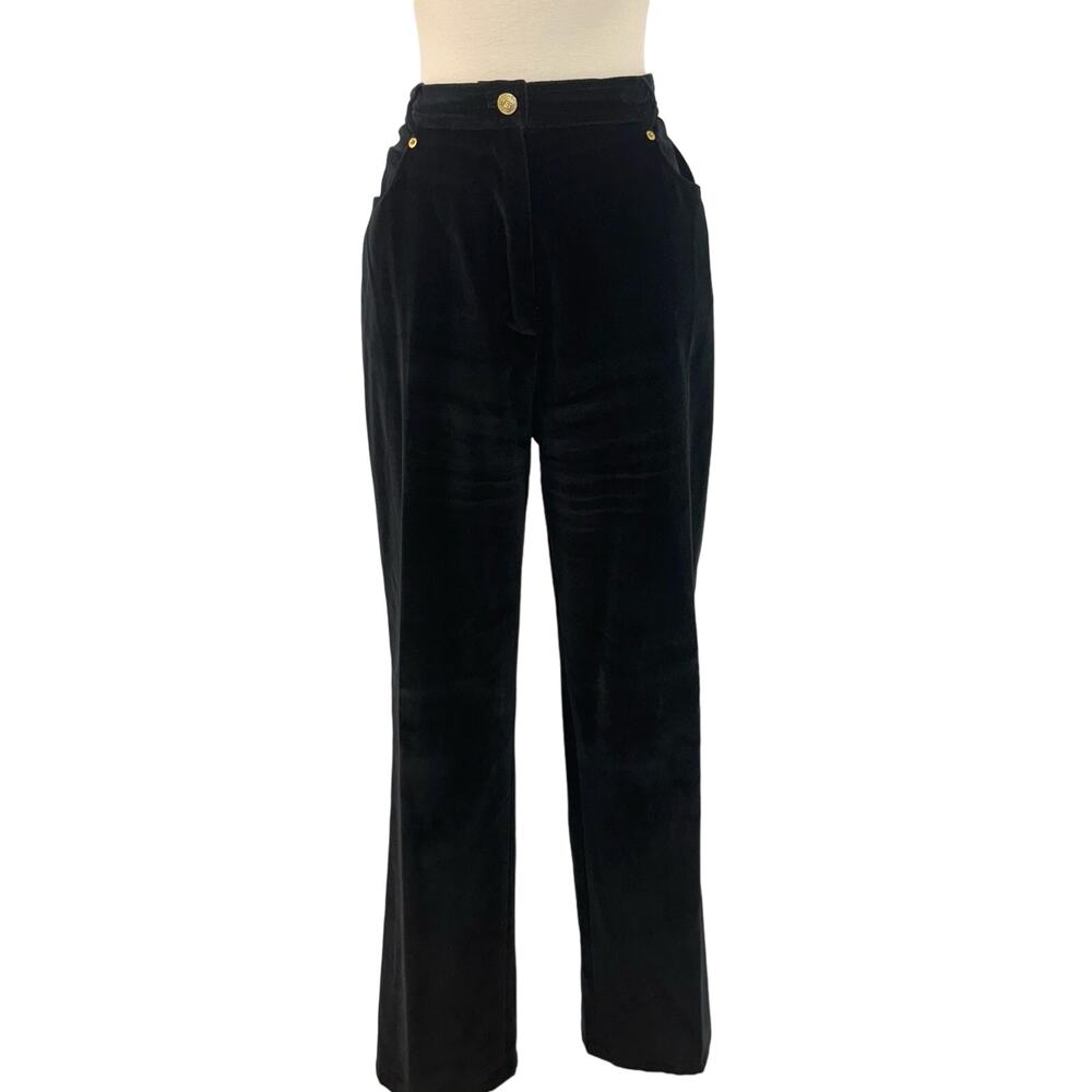 St. John Velvet High Rise Straight Leg Pants Black Cotton-Blend | Size 12